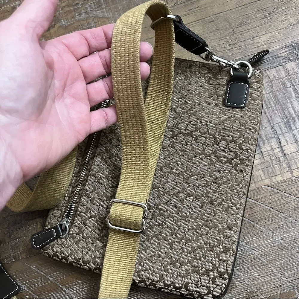 Coach Canvas Leather Trim Tan Brown Crossbody Filebag Signature Travel Purse Y2K